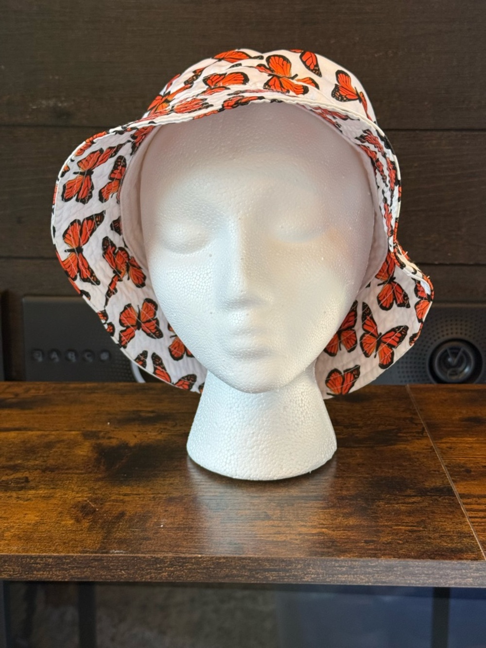 Butterfly Print Bucket Hat - White & Orange